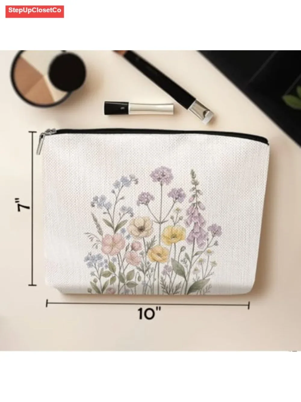 Cotton Linen Makeup Bag Floral Toiletry Travel Pouch with Zipper Storage
